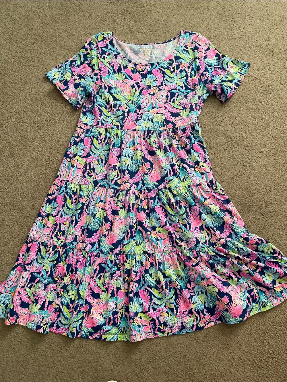 Lilly Pulitzer Navy Floral Tiered Short-Sleeve Dress - Pink, Lime & Light Blue